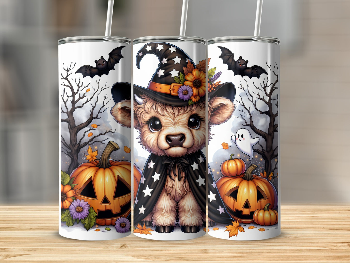 Cute cow wearing witch hat and cape with Halloween pumpkins and bats.