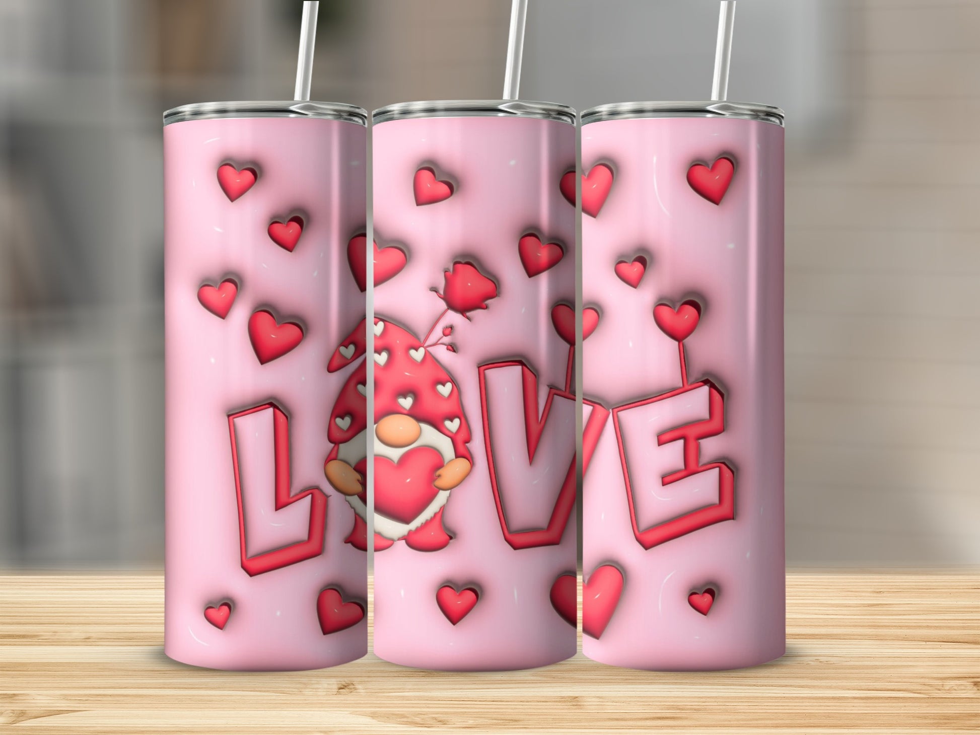 Cute Pink Love Gnome With Hearts Tumbler Design