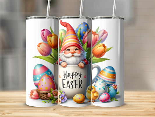 Easter gnome in mug with tulips, eggs, and chicks.
