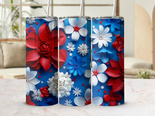 Three patriotic tumblers with red, white, and blue floral designs.
