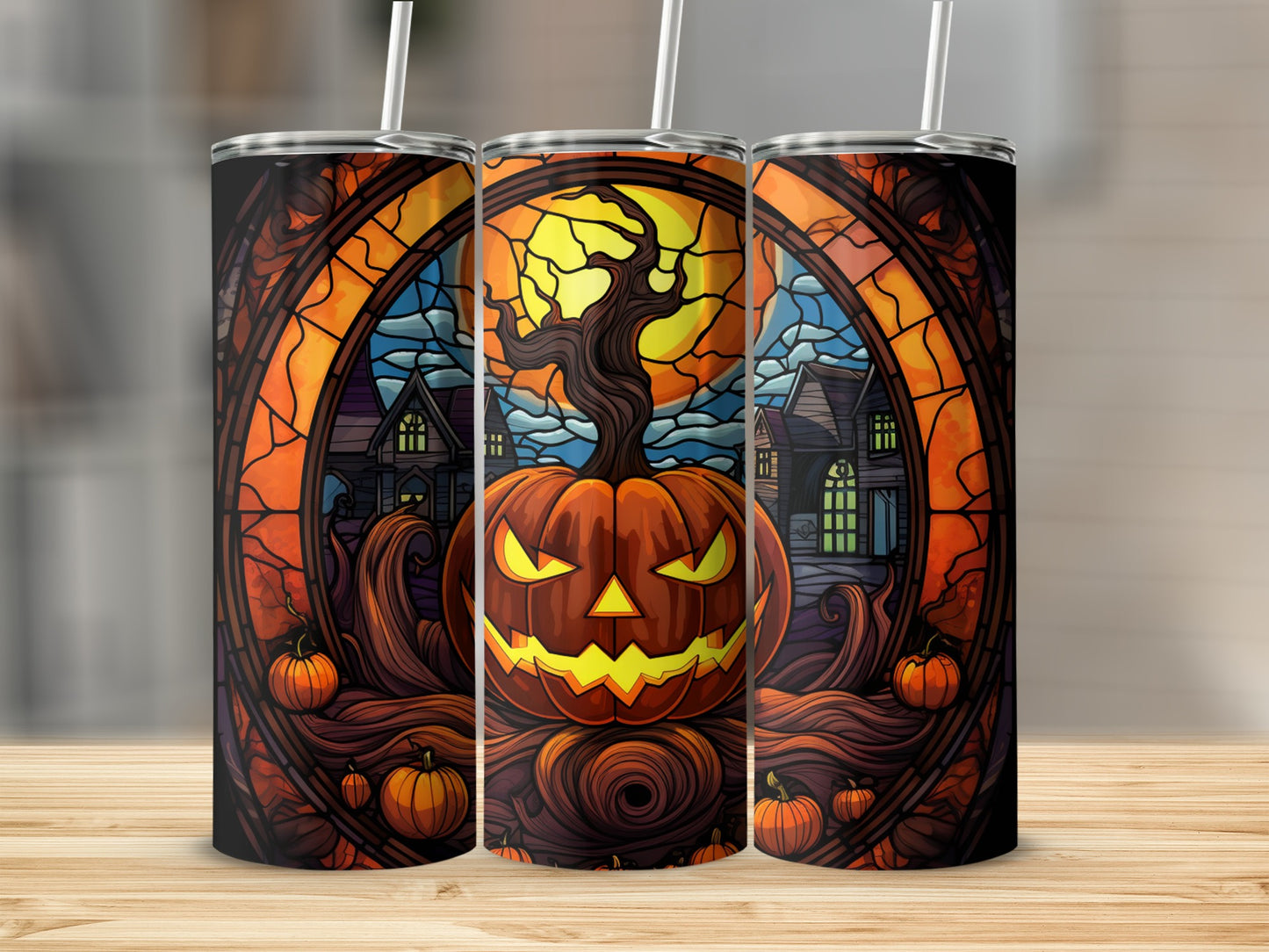 Spooky Haunted Stained Glass Jackolantern Pumpkin Moon Tumblers