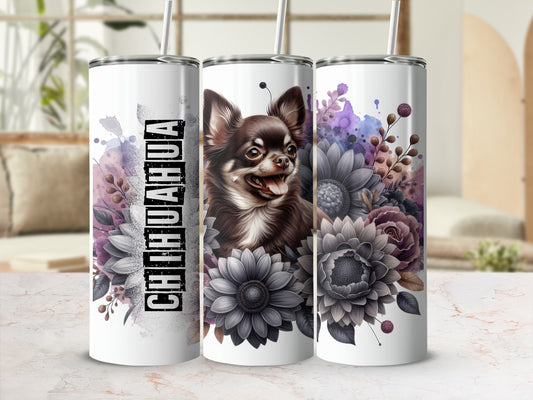 White tumbler with chihuahua and floral design, says "CHihuahua".