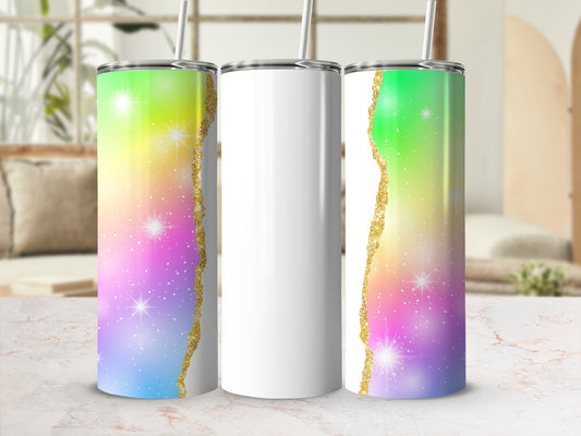 Rainbow glitter tumbler with straw, showcasing two white and one patterned side.