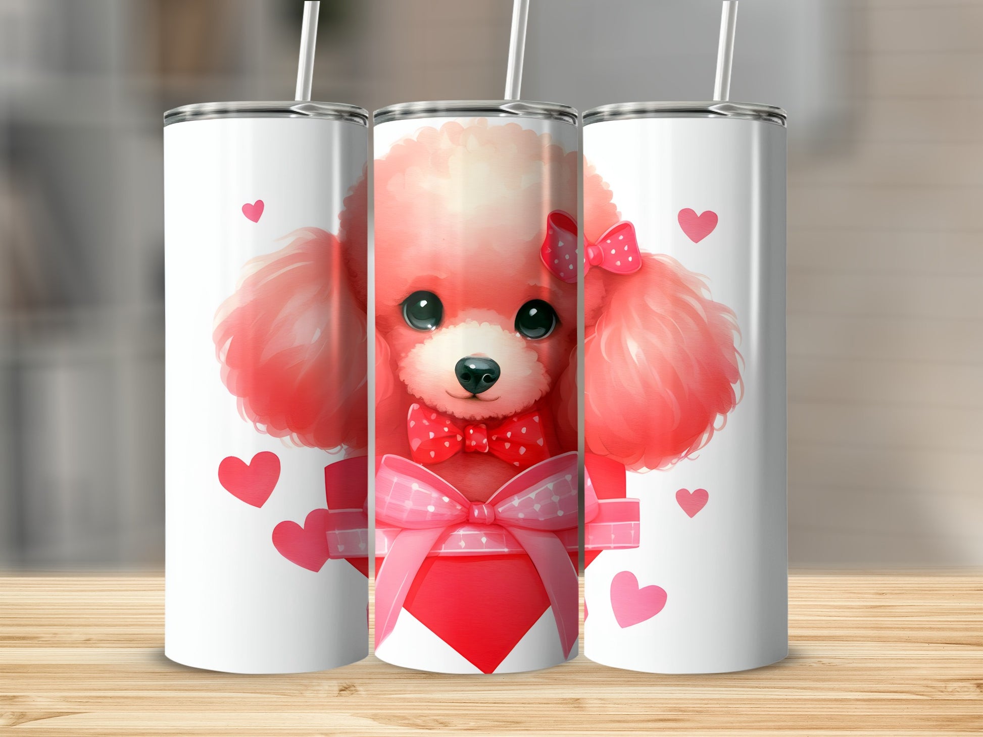 Pink poodle with hearts and bows on a tumbler, front view.