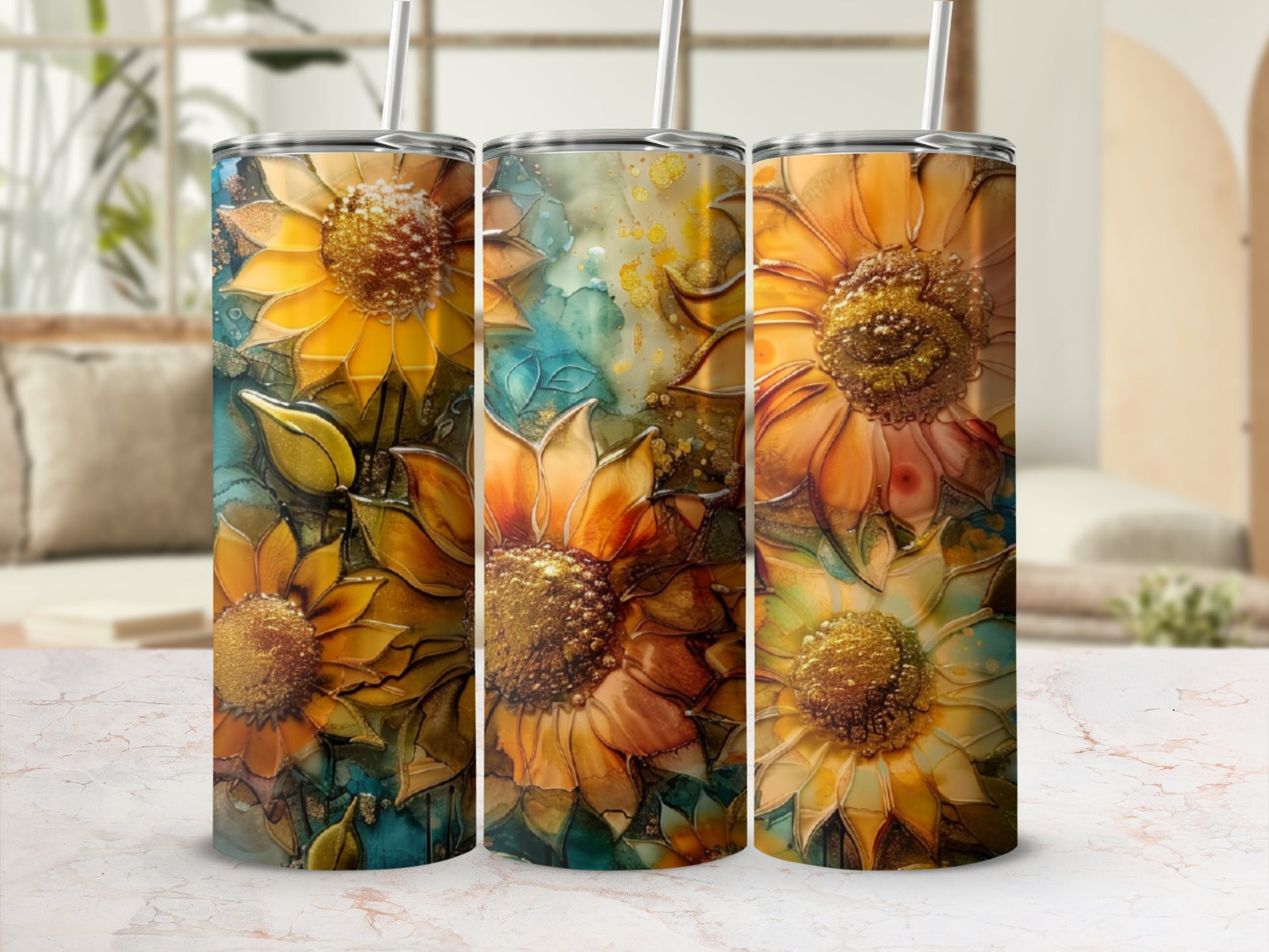 Three tumblers with close-up sunflower designs and abstract watercolor backgrounds.