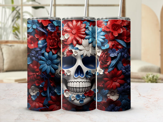 Skull tumbler with red, white, and blue floral wrap design.