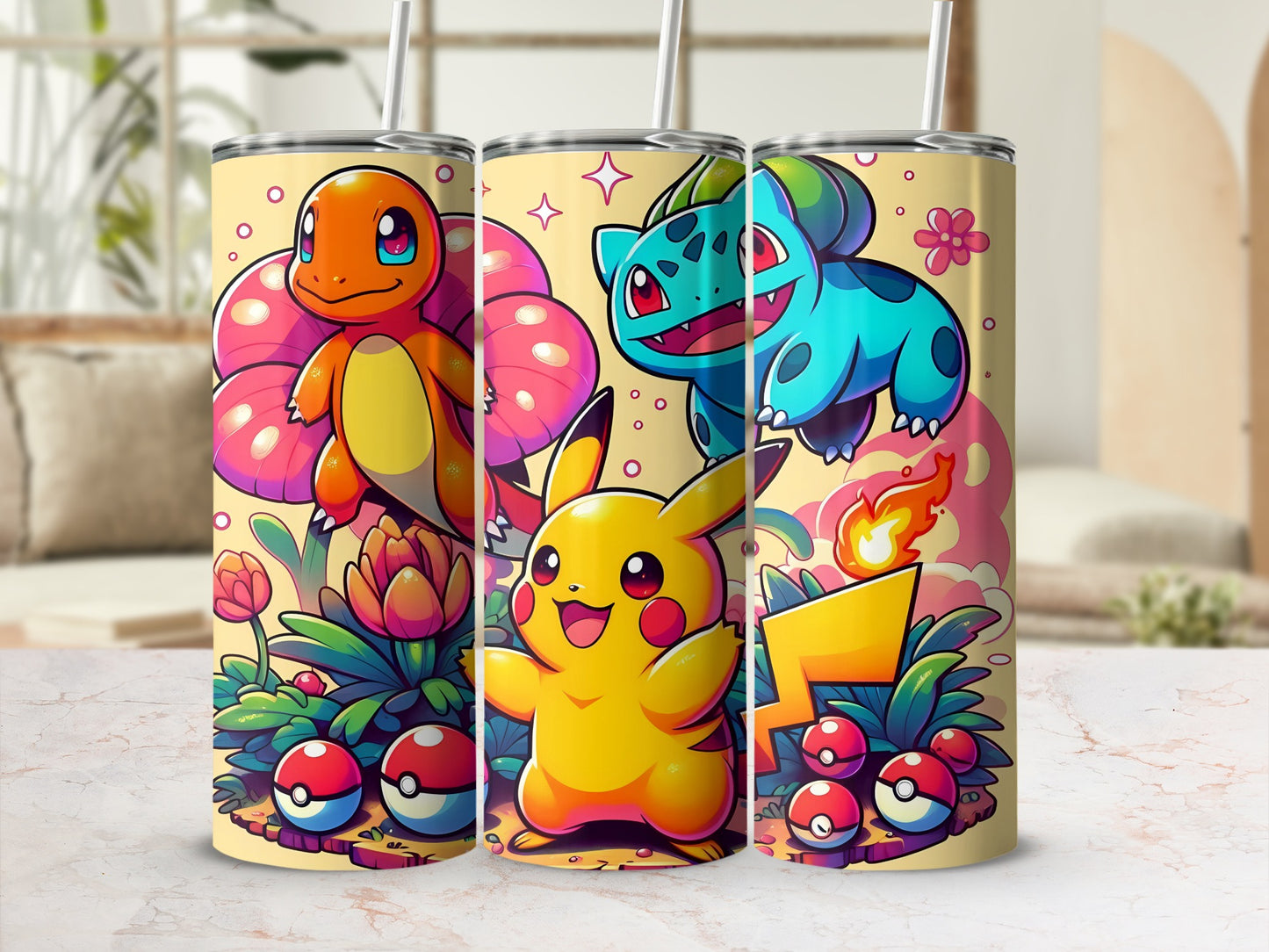 Vibrant Pokémon Character Tumbler with Straw Cup