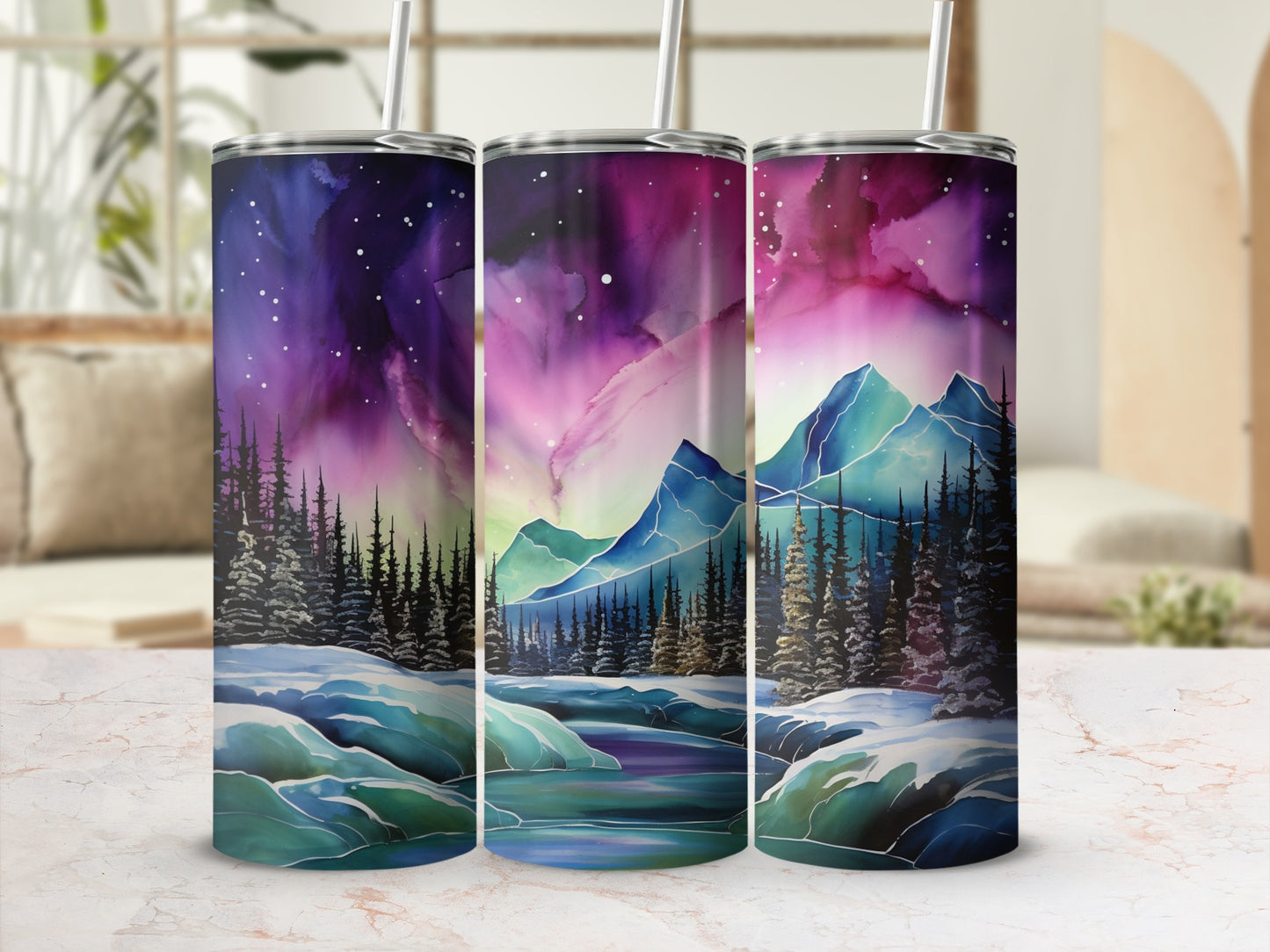 Northern Lights Mountain Scene Insulated Tumbler Cup