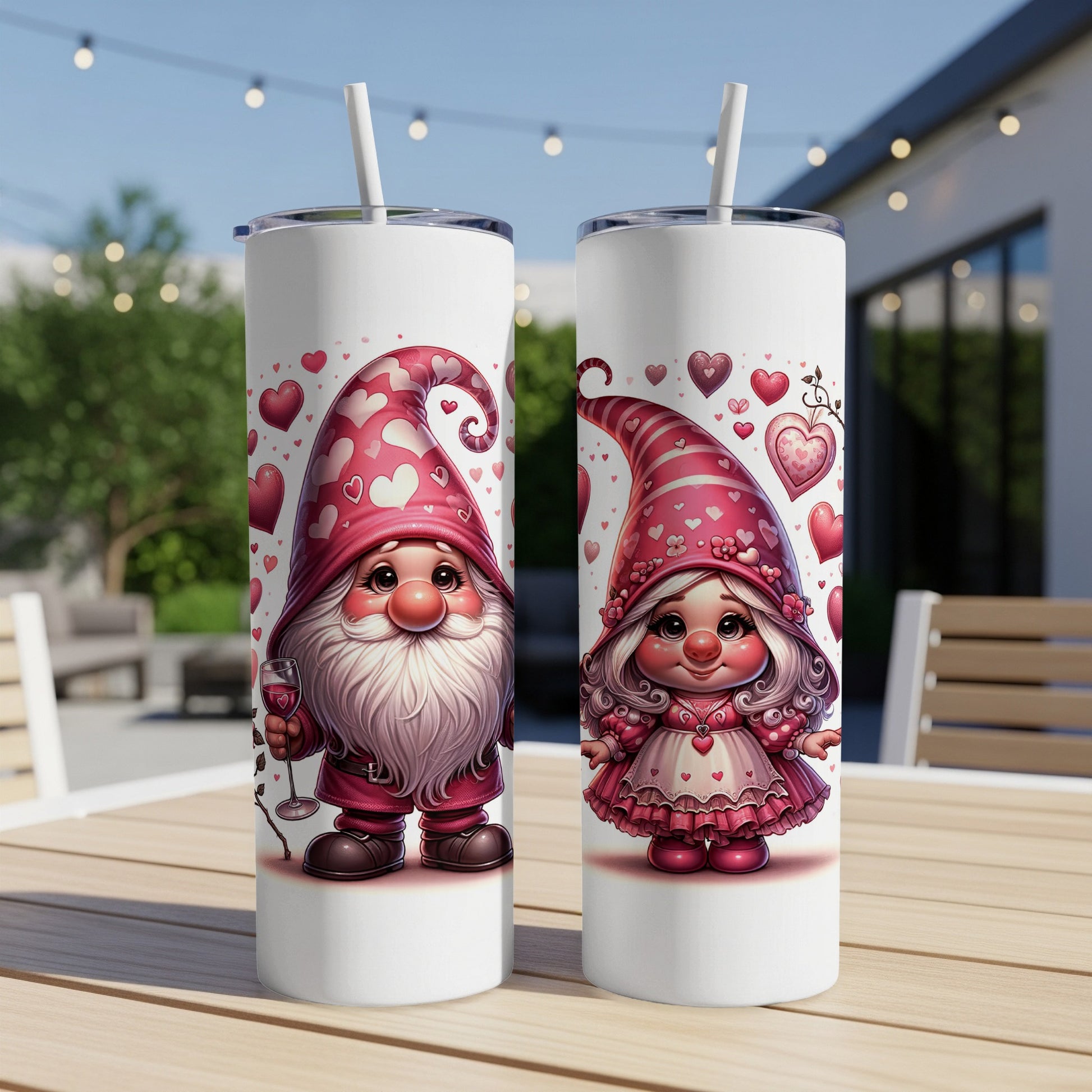 Two gnome characters, a male and female, hold wine glasses on a table.