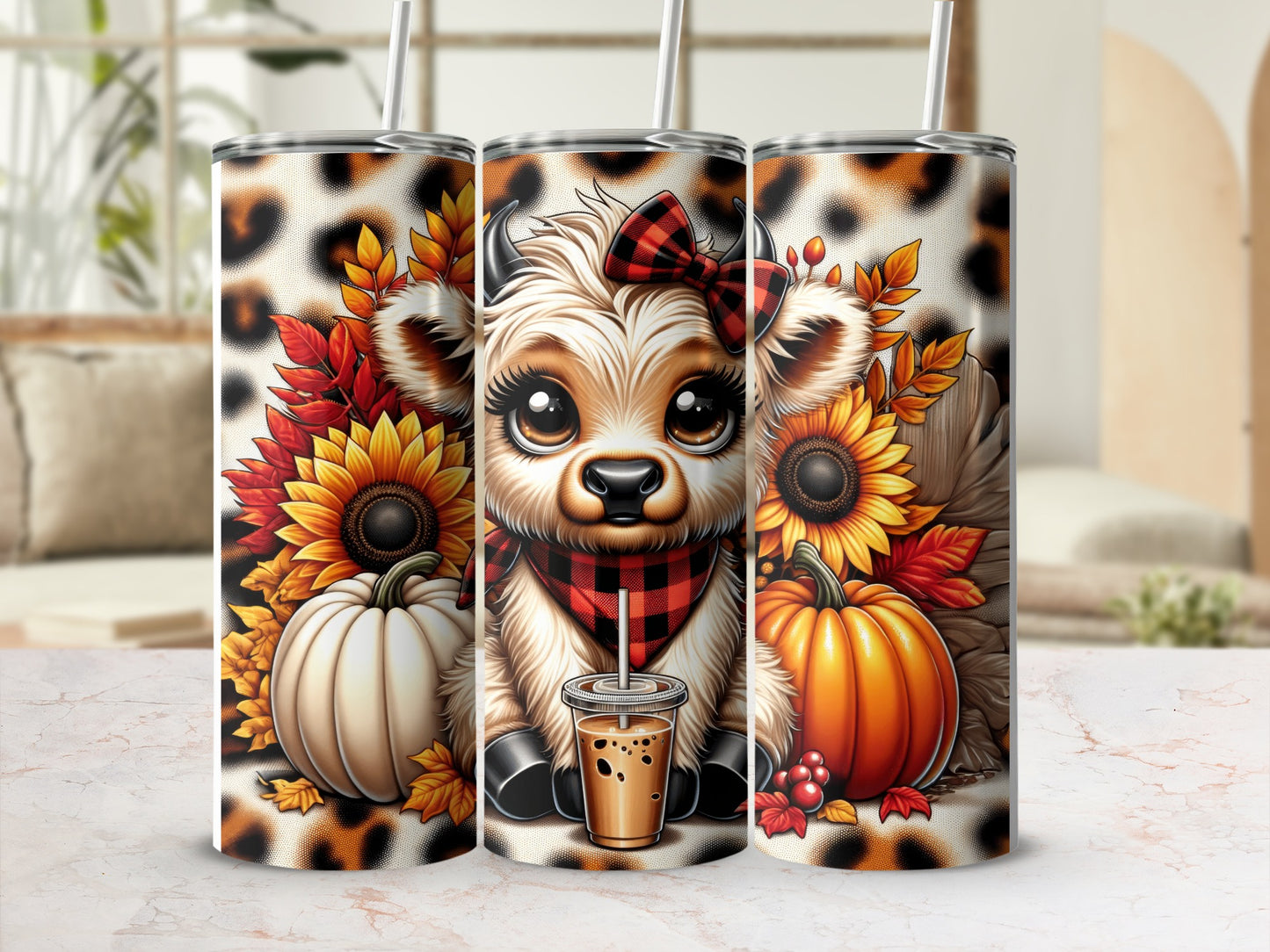 Cute cow tumbler with pumpkins, sunflowers, and leopard print.