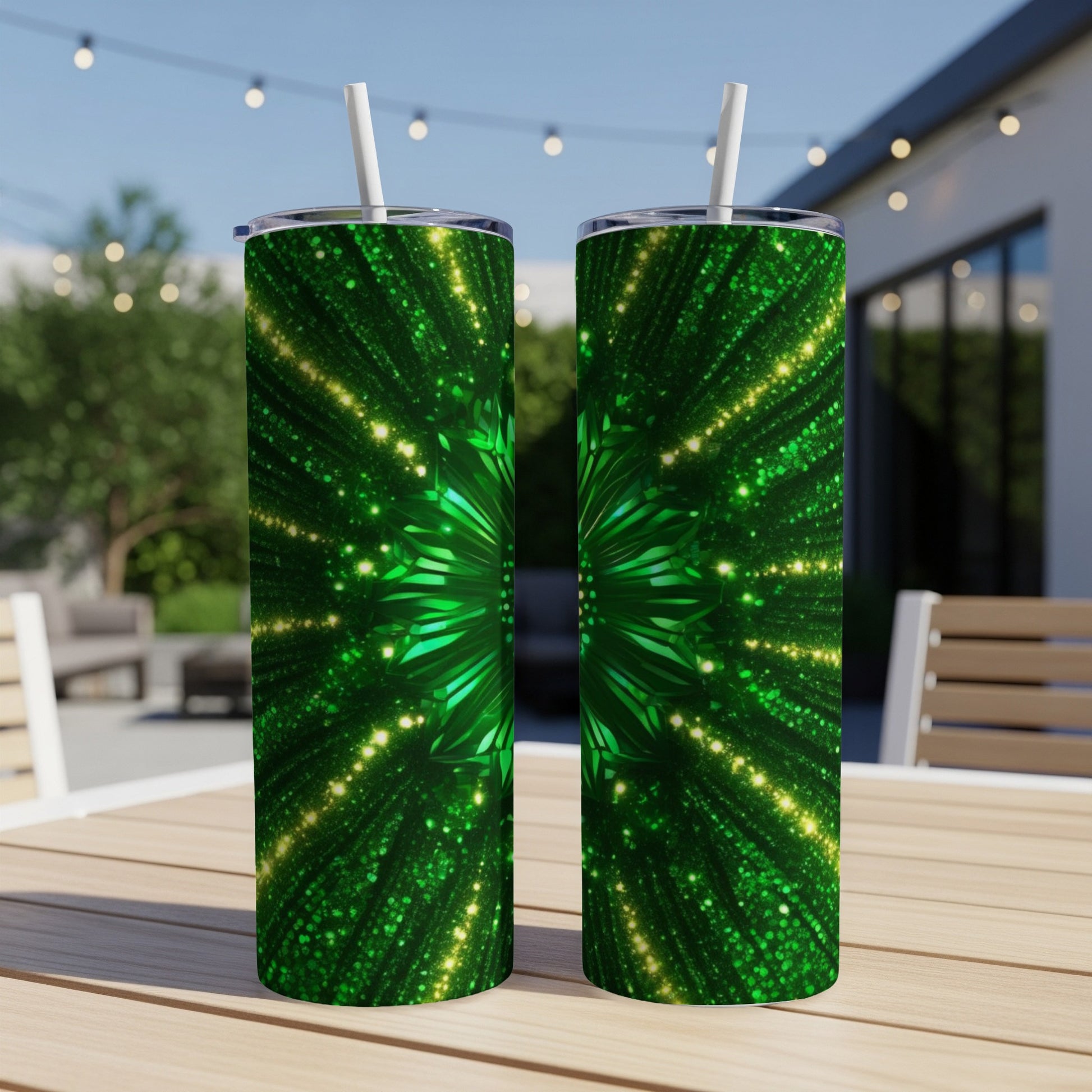 Green sparkling abstract design on two tumblers with straws.