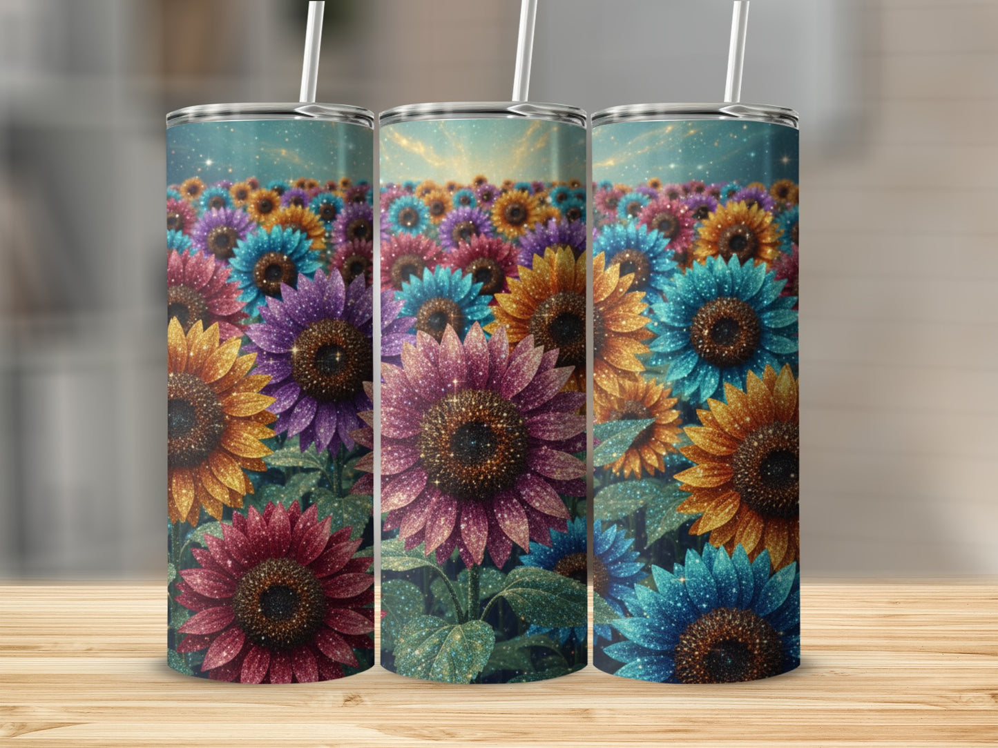 Colorful Glitter Sunflower Design Tumbler Cup