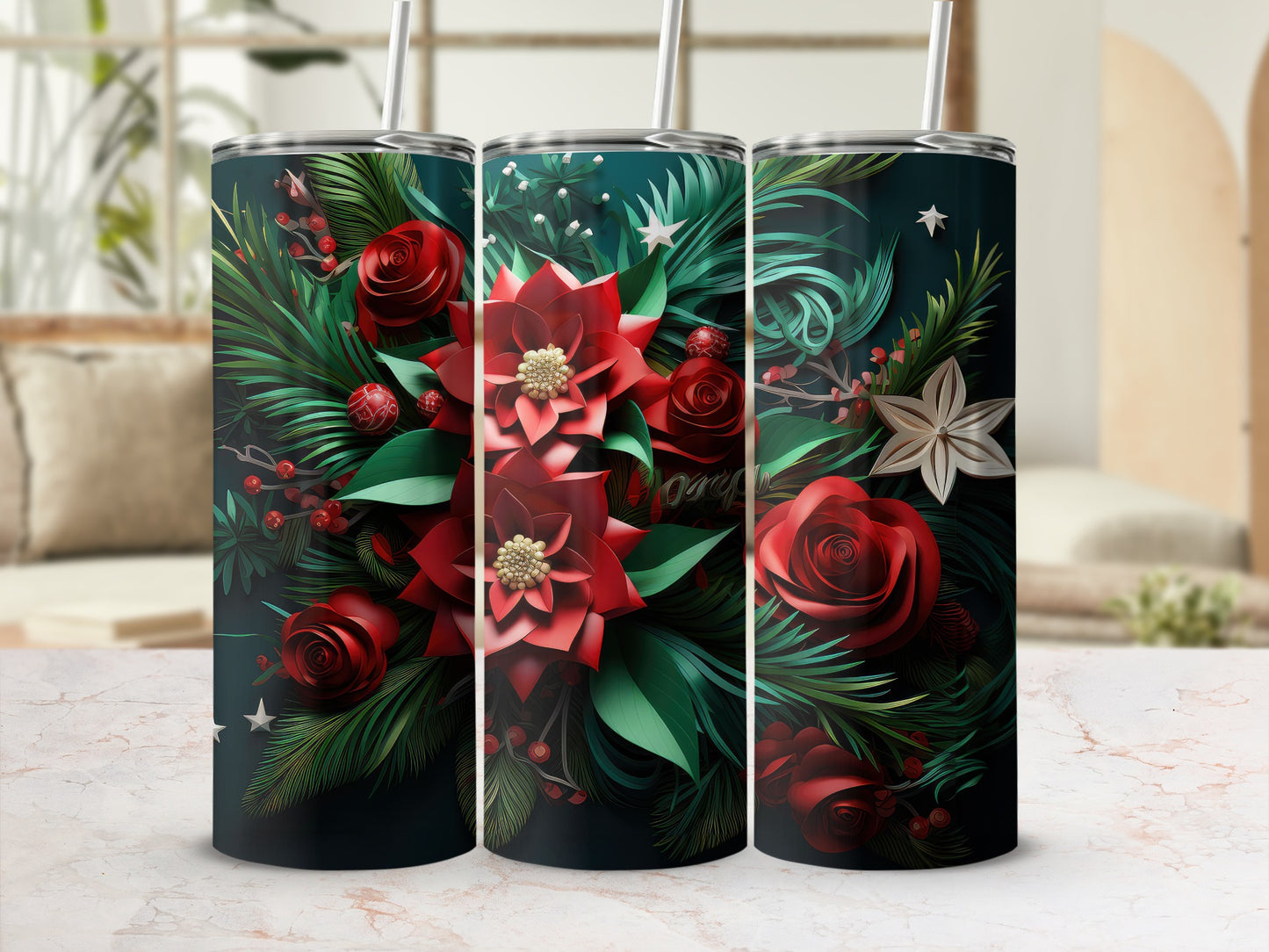 Floral Christmas tumbler with poinsettias and red roses on a dark background.