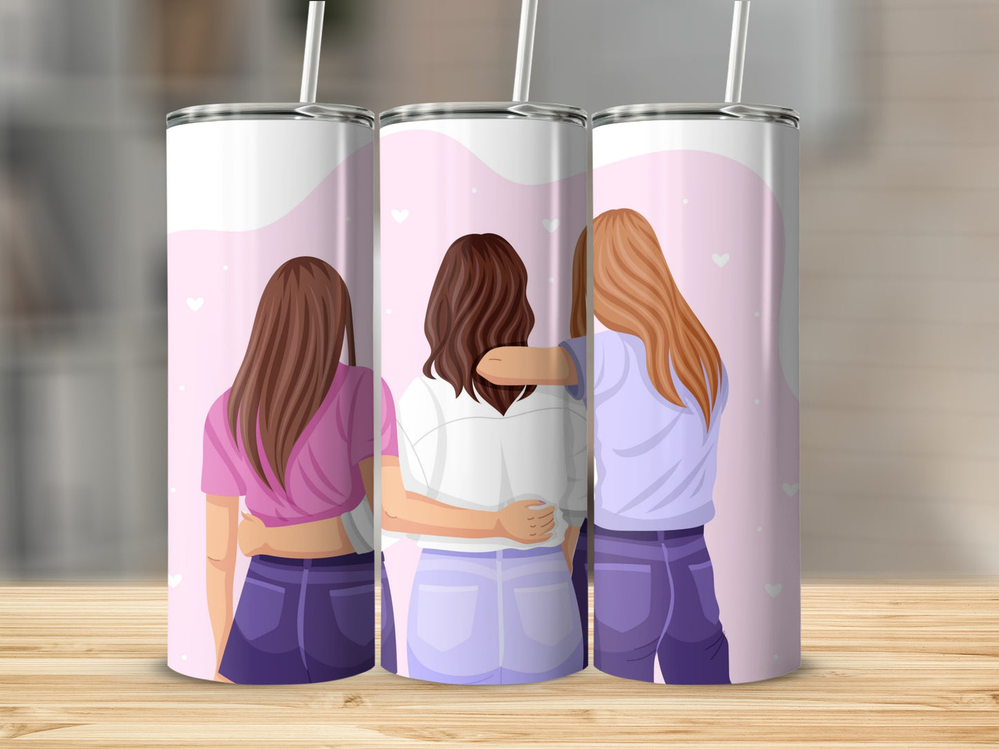 Friends Embrace Tumbler Three Women and Hearts Design