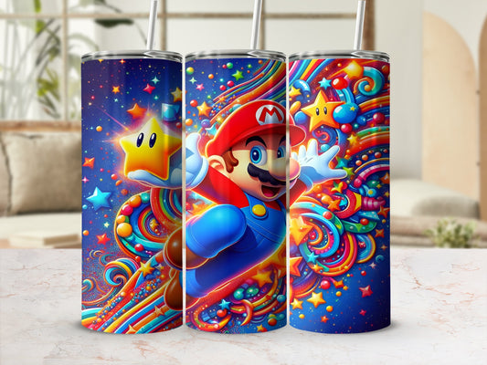 Super Mario jumping through a colorful galaxy with stars and swirling rainbows.