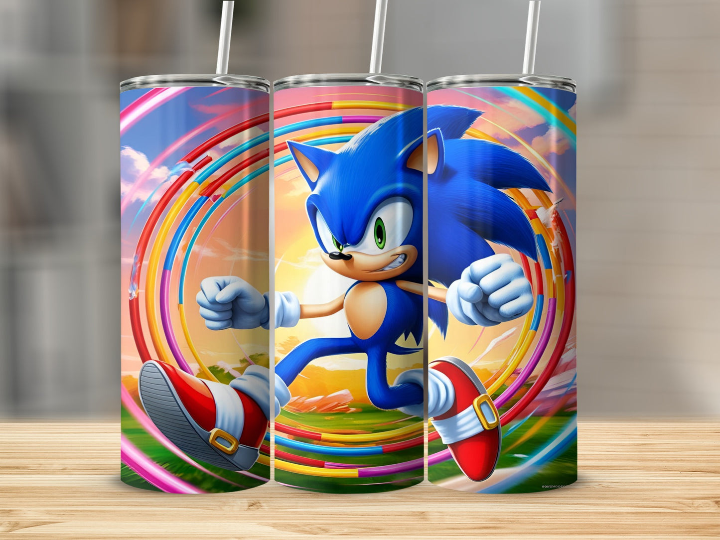 Sonic the Hedgehog running with colorful rings and a bright sky background.