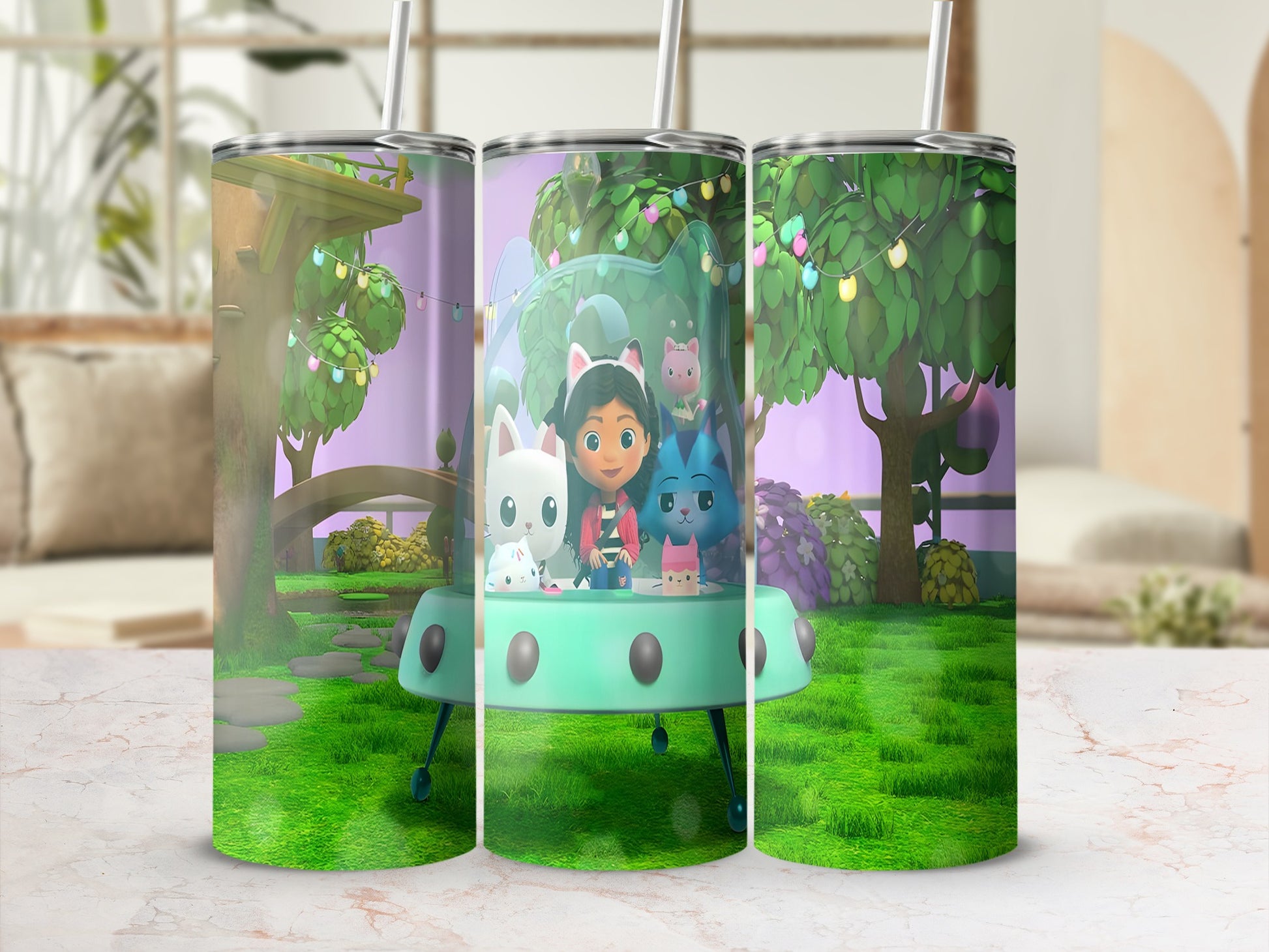 Three cartoon characters in a flying saucer on tumblers.