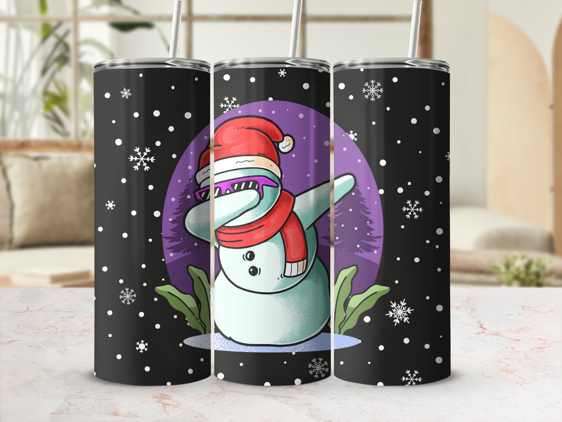Festive Snowman with Santa Hat and Scarf tumbler