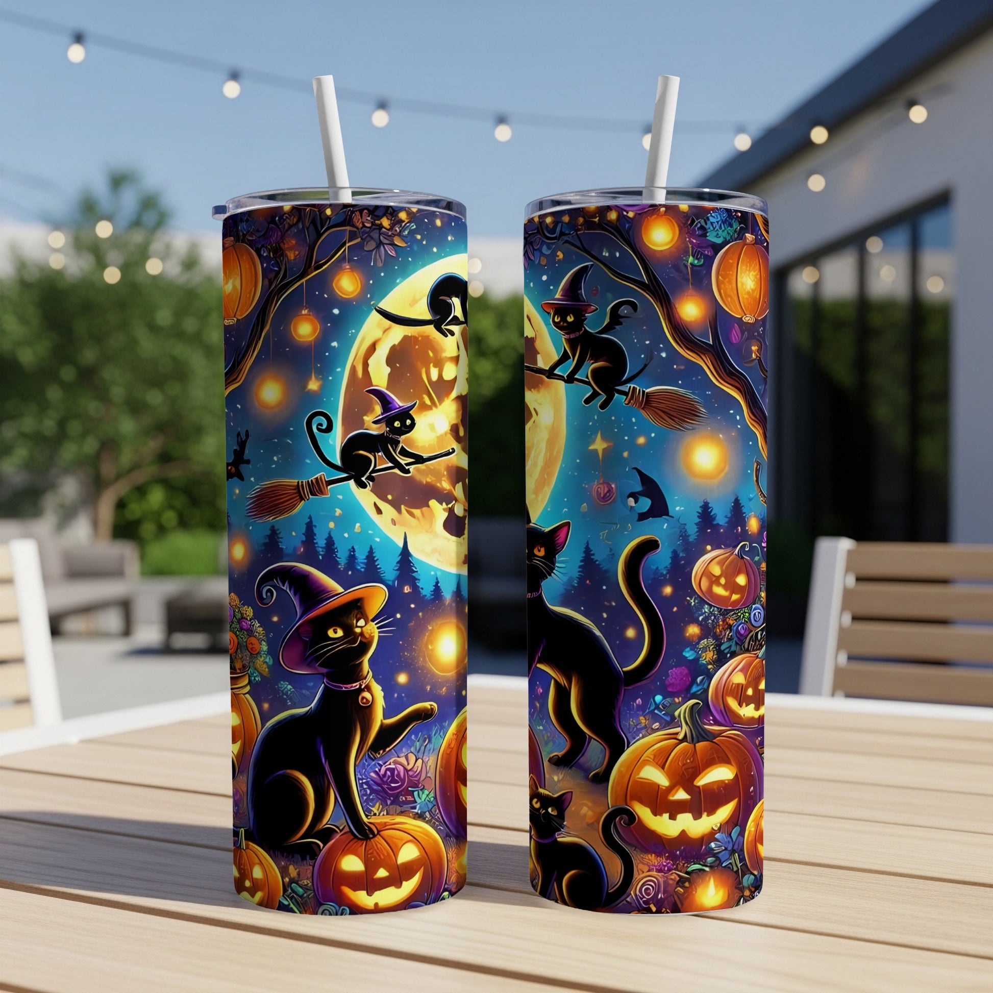 Two tumblers with a Halloween design featuring black cats, pumpkins, and a full moon.