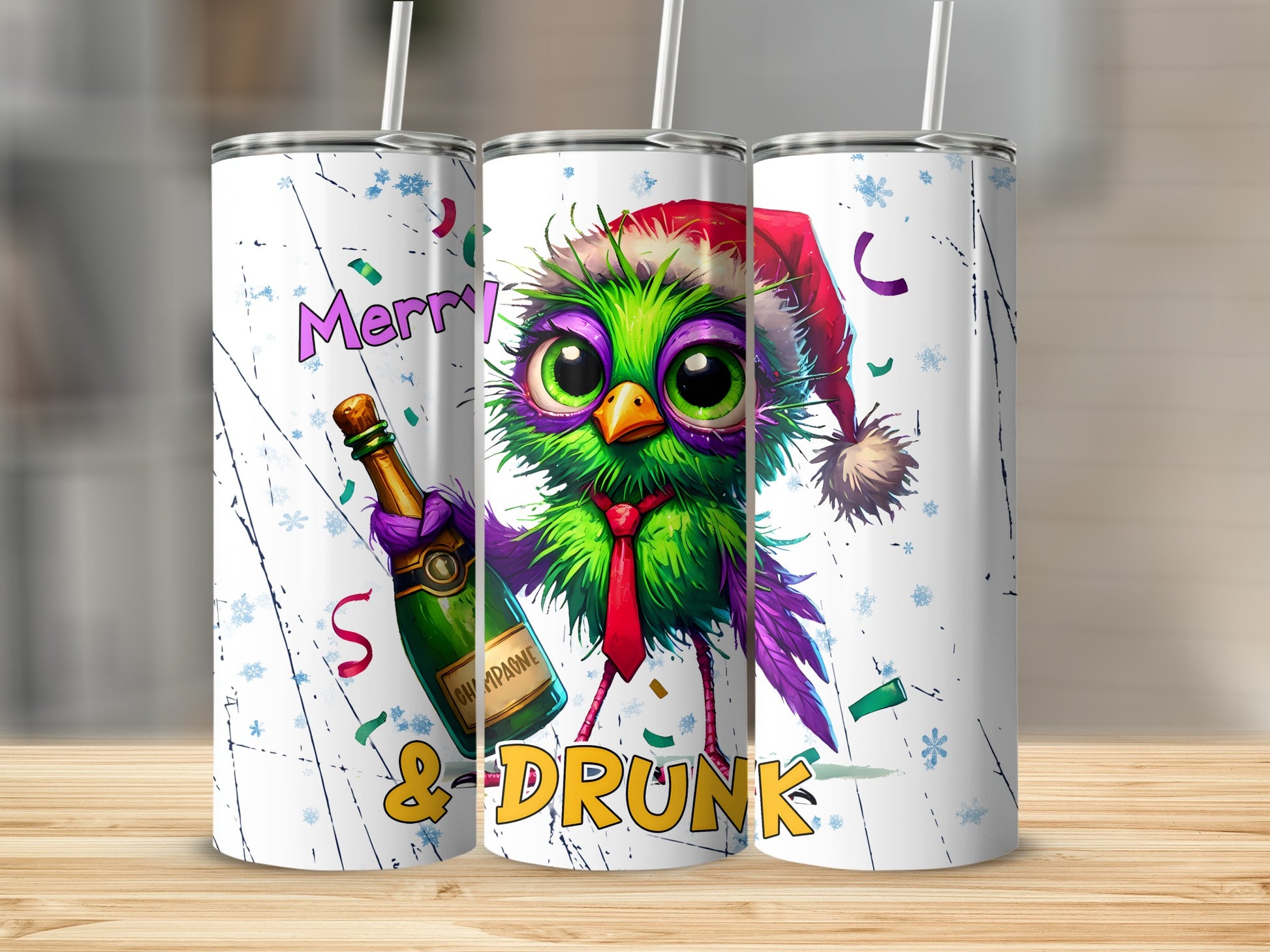 Green cartoon bird in Santa hat holding champagne bottle, with "Merry & Drunk" text.