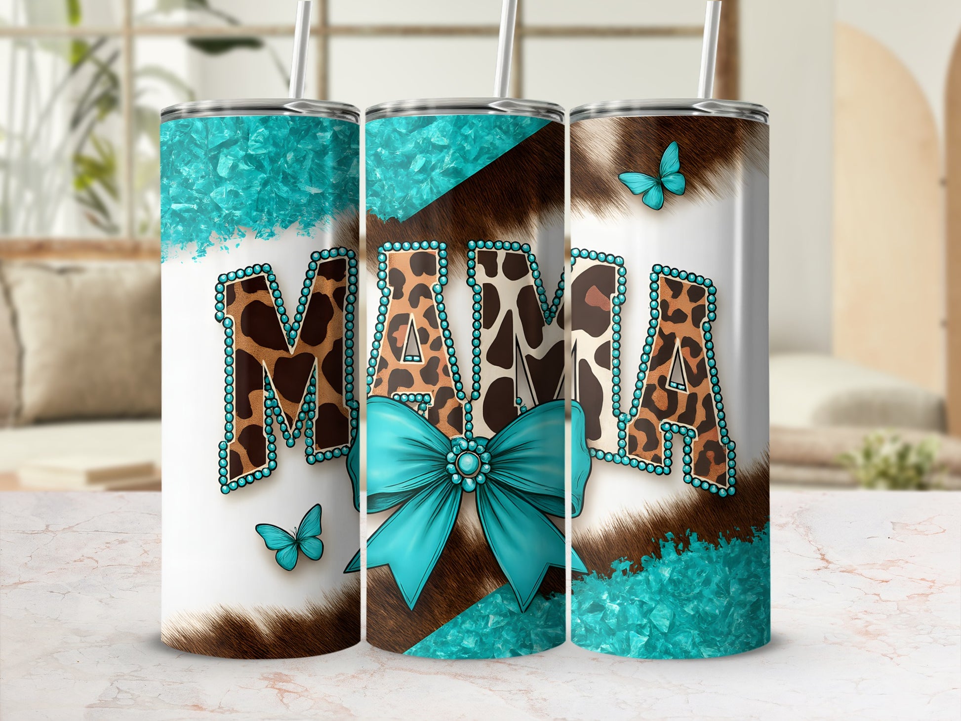 Turquoise mama tumbler with leopard print, bow, and butterfly accents.