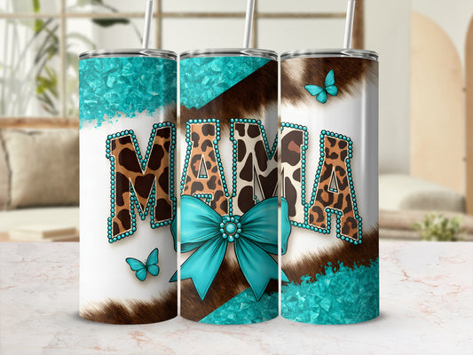 Turquoise mama tumbler with leopard print, bow, and butterfly accents.
