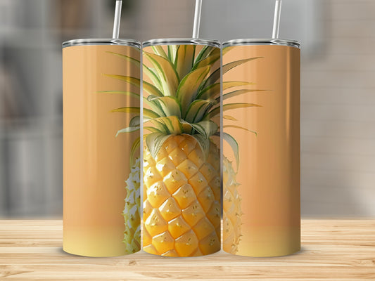 Three tumblers with a pineapple design on a wooden surface.