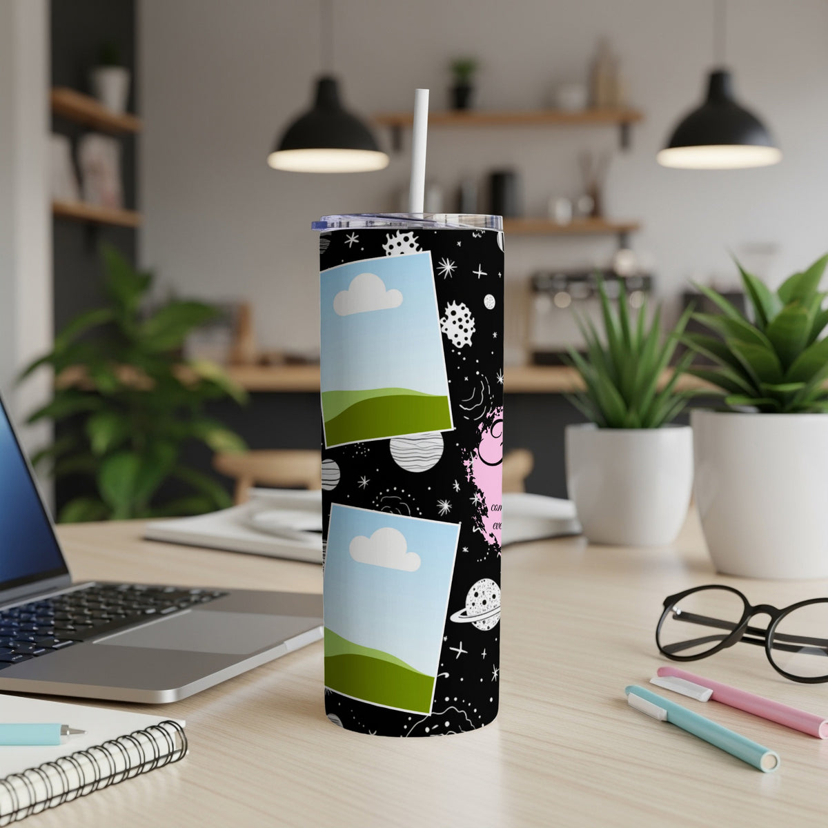 Black tumbler with cosmic print, two photo slots, and a white straw.