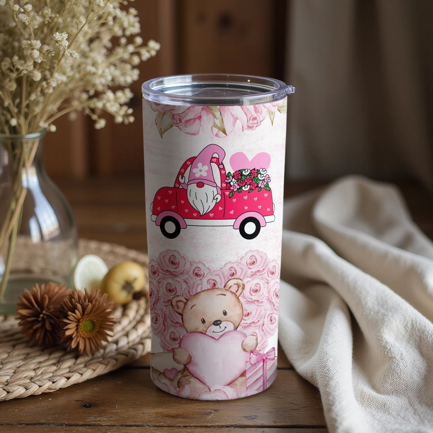 Cute Valentine Bear and Gnome Travel Tumbler