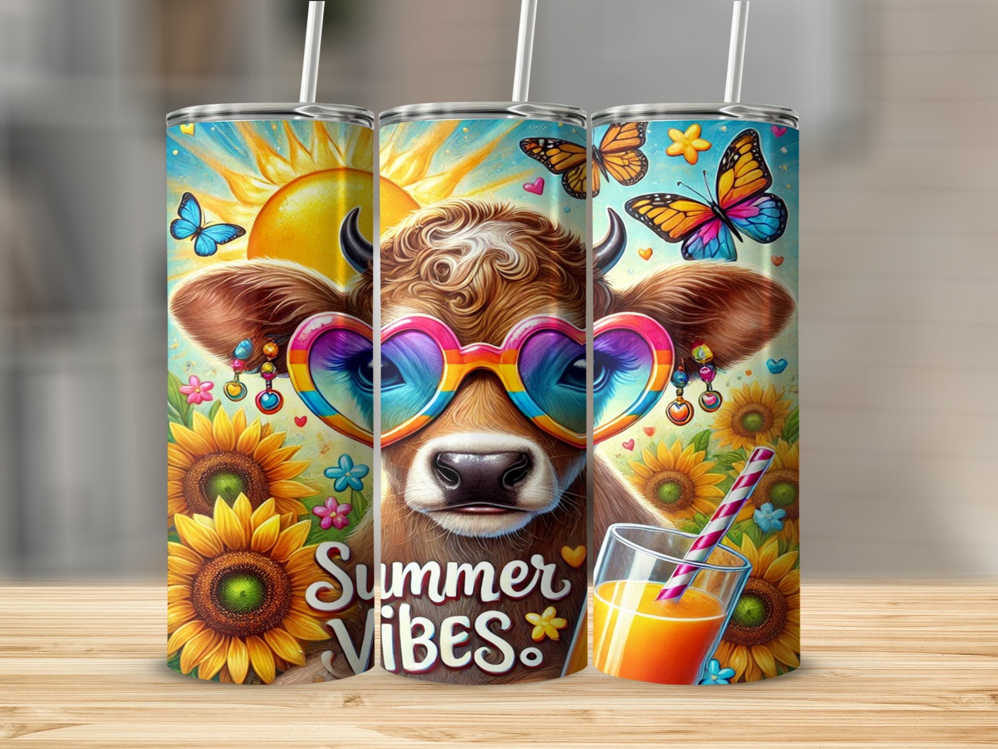 Summer Vibes Cow with Sunflower and Butterflies Tumbler