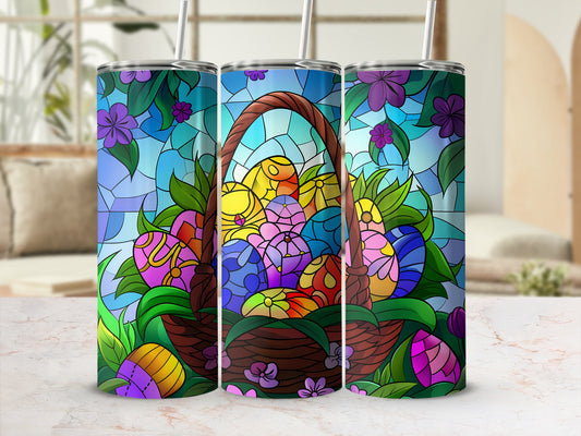 Three stained glass style tumblers with Easter eggs in a basket design.