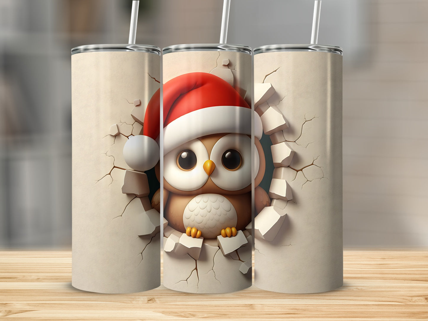 Cute cartoon owl wearing a Santa hat peeking through cracked beige surface.