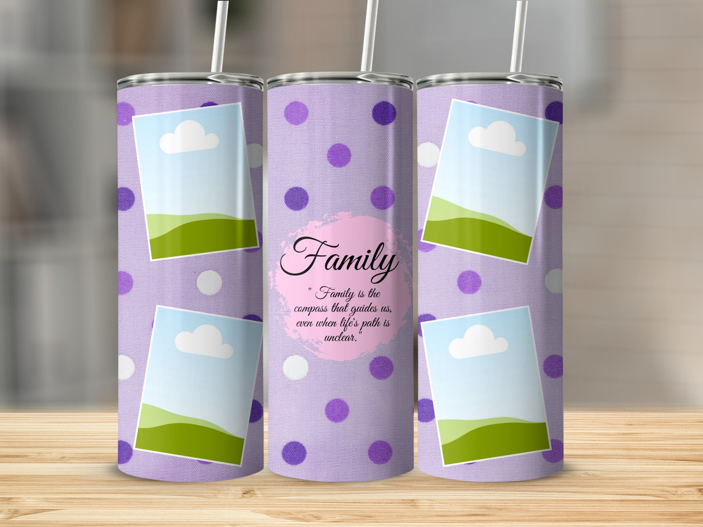 Three purple polka dot tumblers with photo frames and "Family" quote.