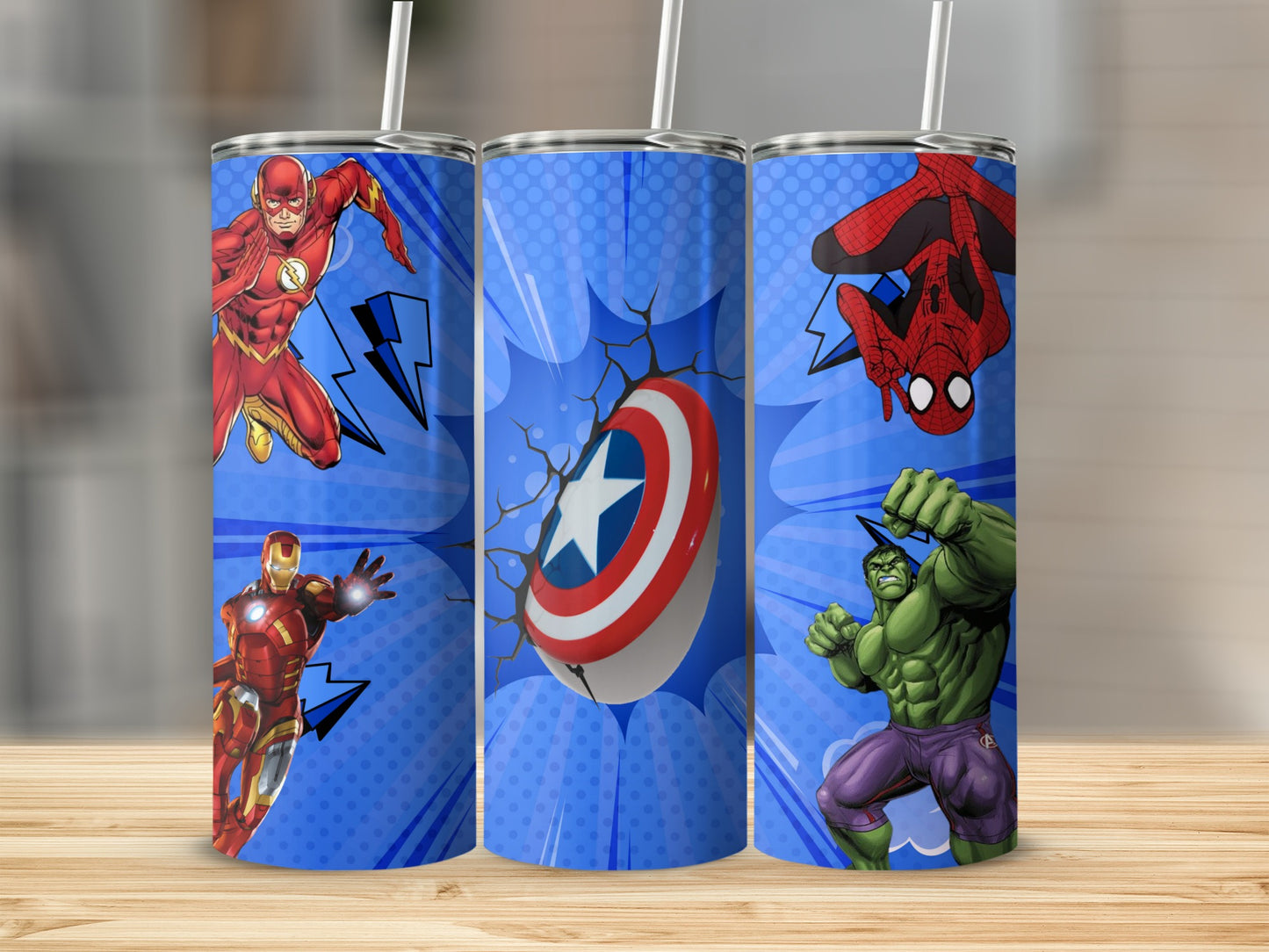 Superhero Action Scene Tumbler Flask with Straw