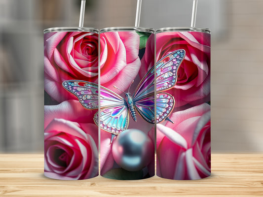 Pink roses and sparkling butterfly design on three tumblers.