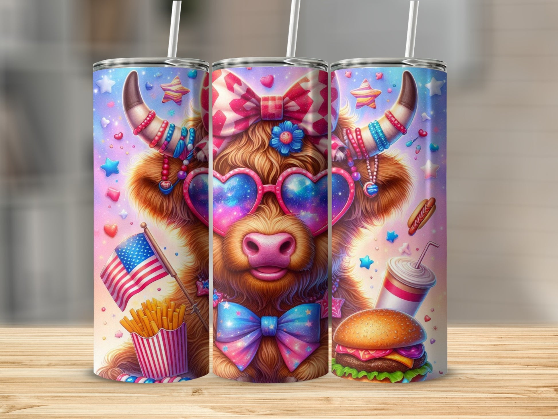 Cow wearing heart sunglasses with American flag, fries, burger, and soda.