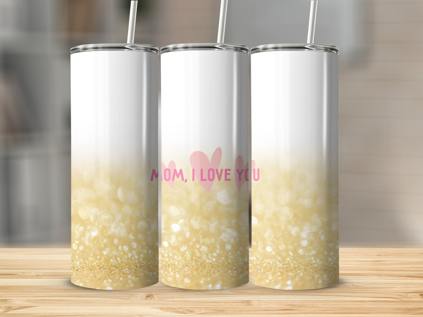 White tumbler with glitter design and "Mom, I Love You" text.