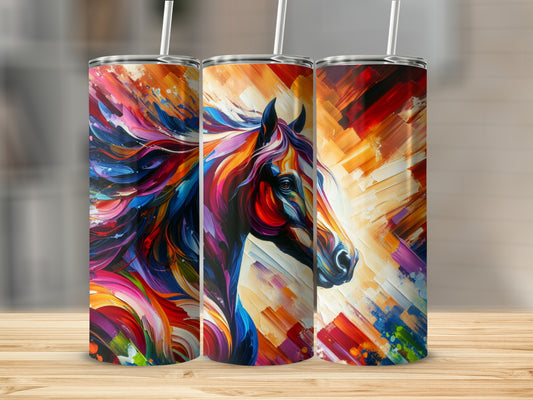 Triptych of vibrant, colorful horse portraits on tumblers.