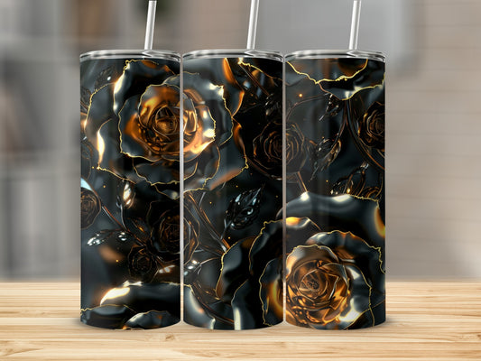 Three dark rose tumblers with gold accents on a wooden surface.