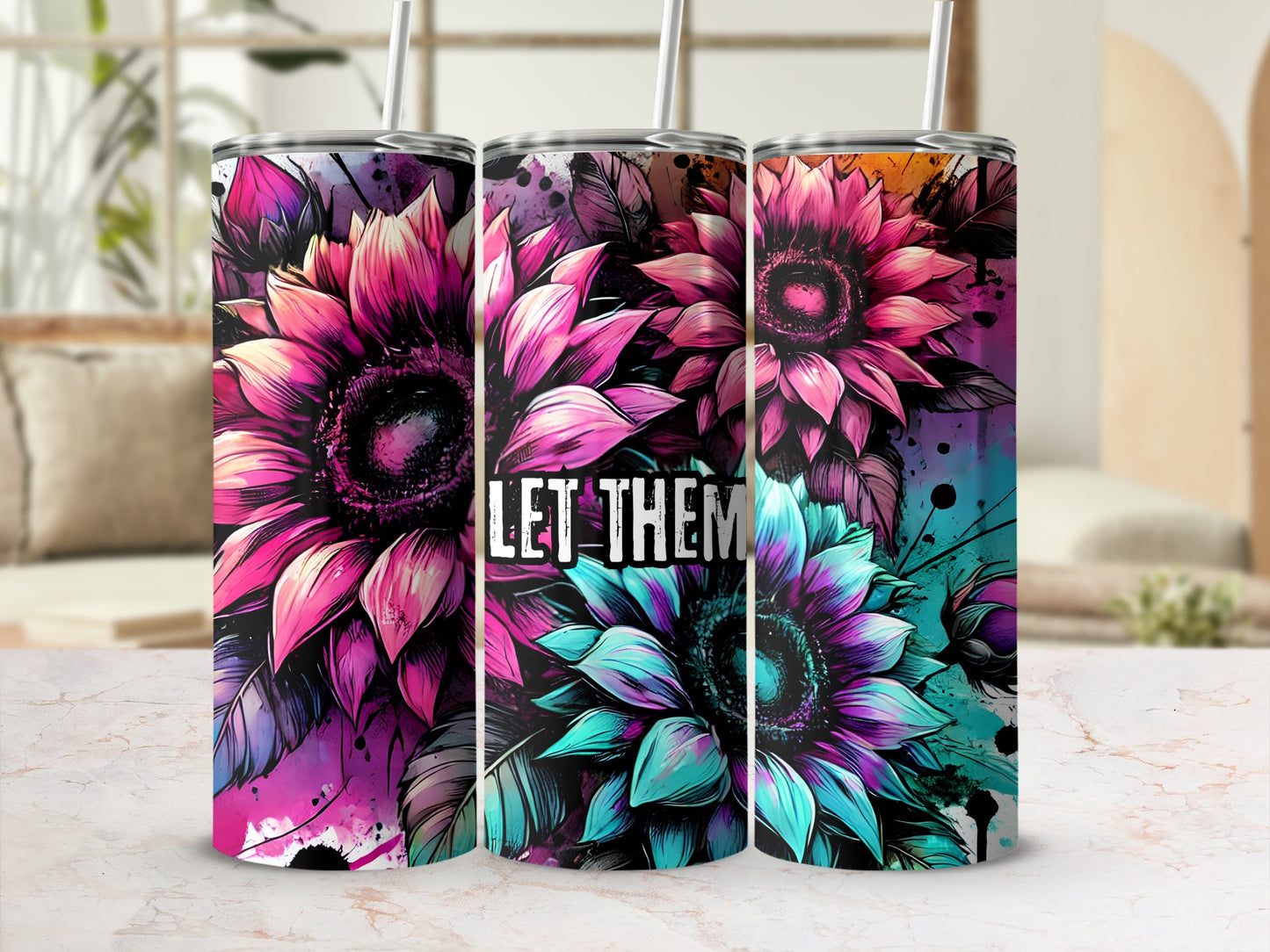 Vibrant Floral Sunflower Design Tumbler with Straw