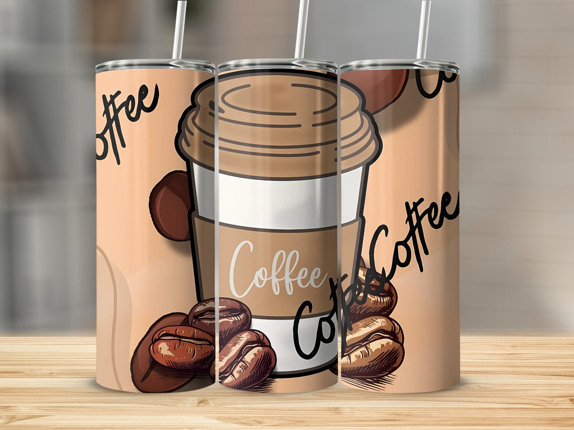 Coffee Theme Illustrated Tumbler with Lid and Straw
