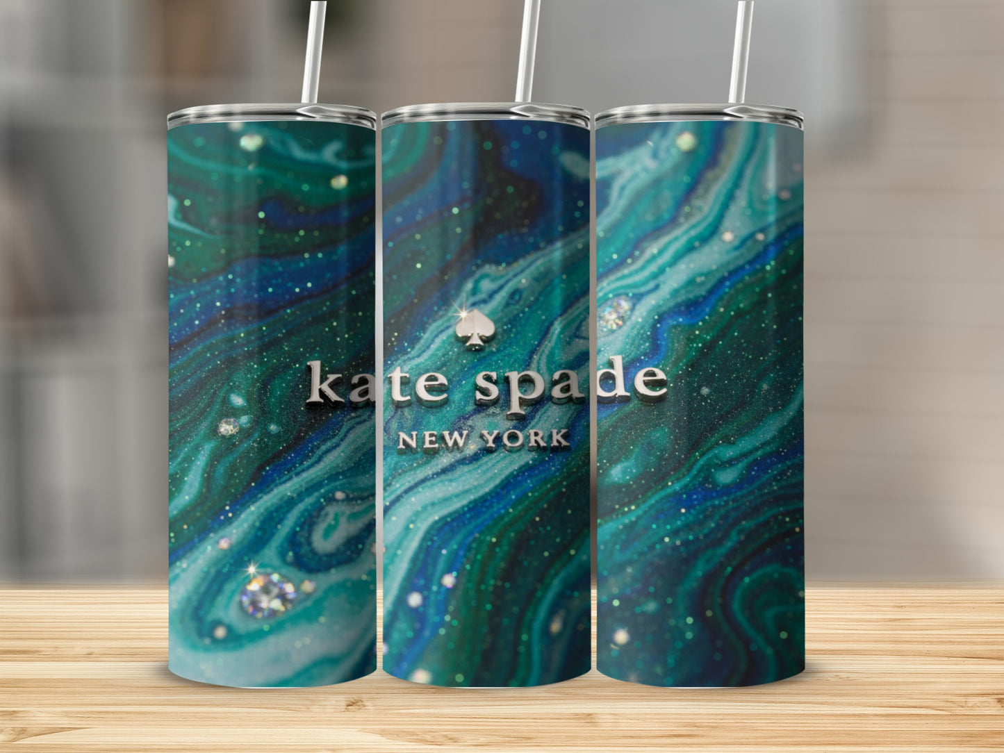 Kate Spade Inspired New York Turquoise Swirl Sparkle Tumblers