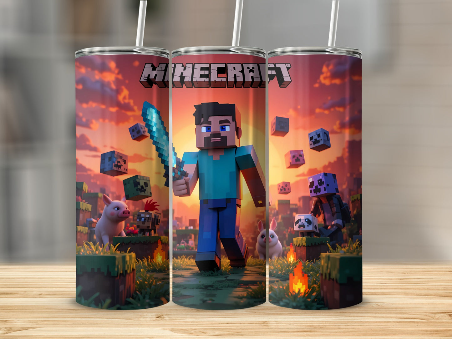 Minecraft themed tumbler with straw flask