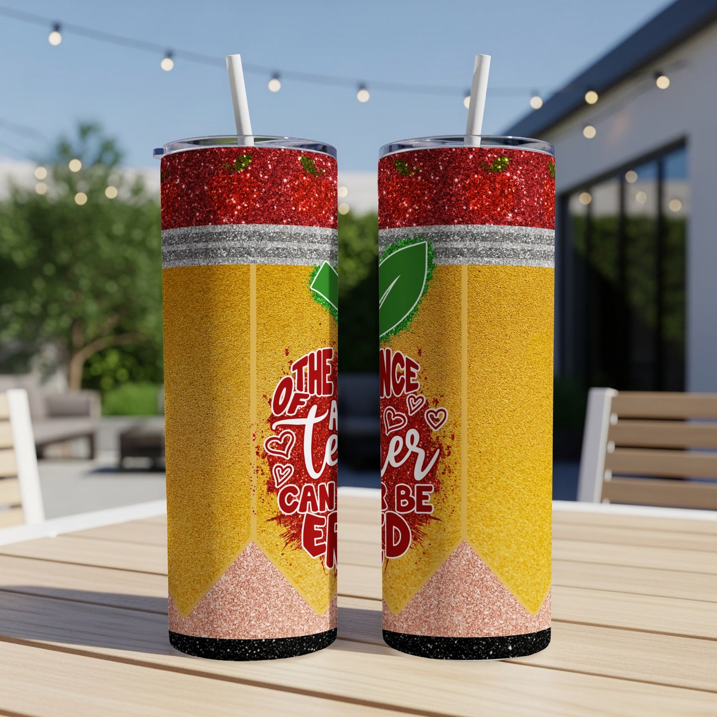 Yellow pencil tumbler with red glitter, text "The heart of a teacher can be inspired".