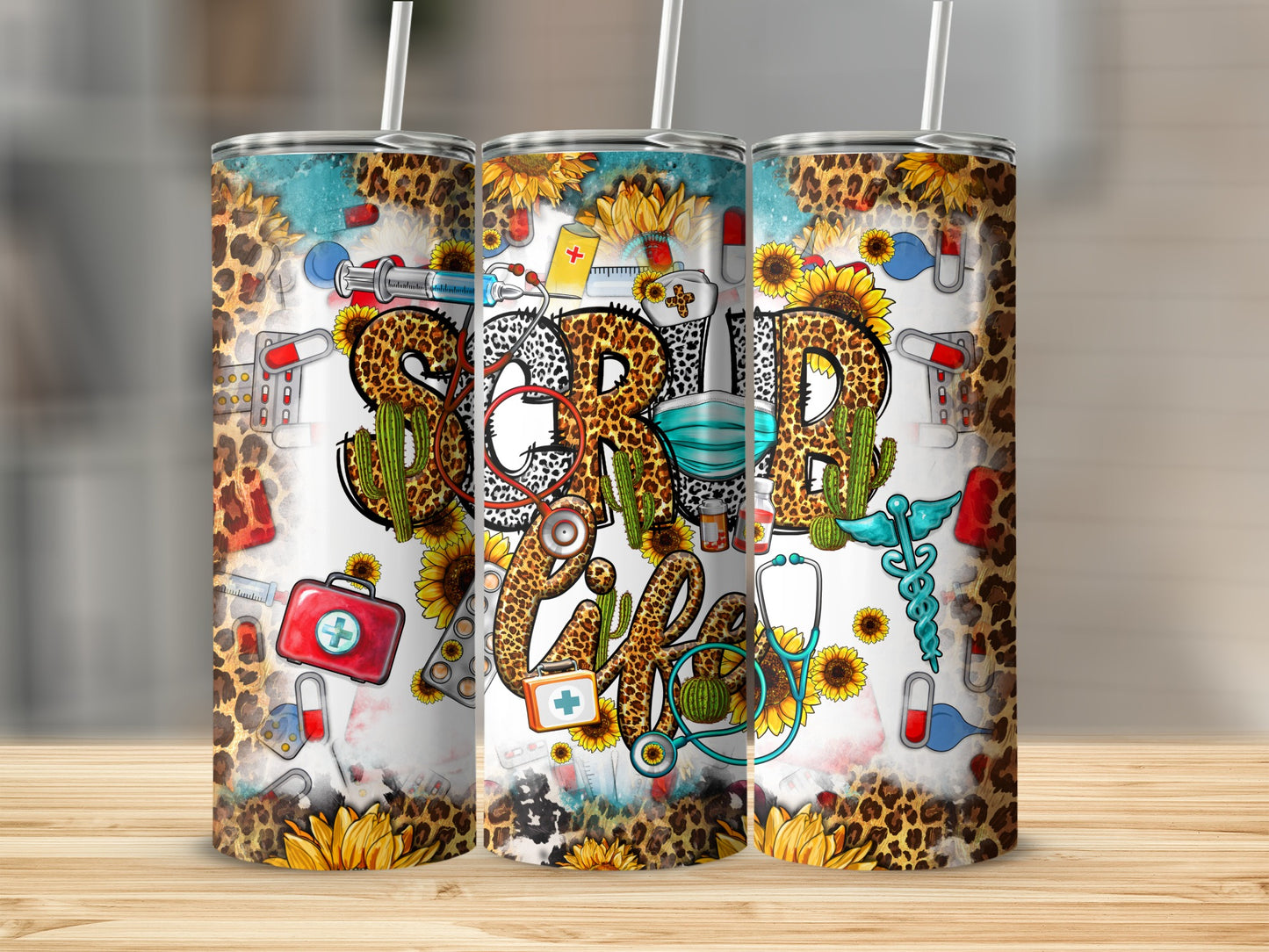 Tumbler with medical icons, sunflowers, and leopard print.