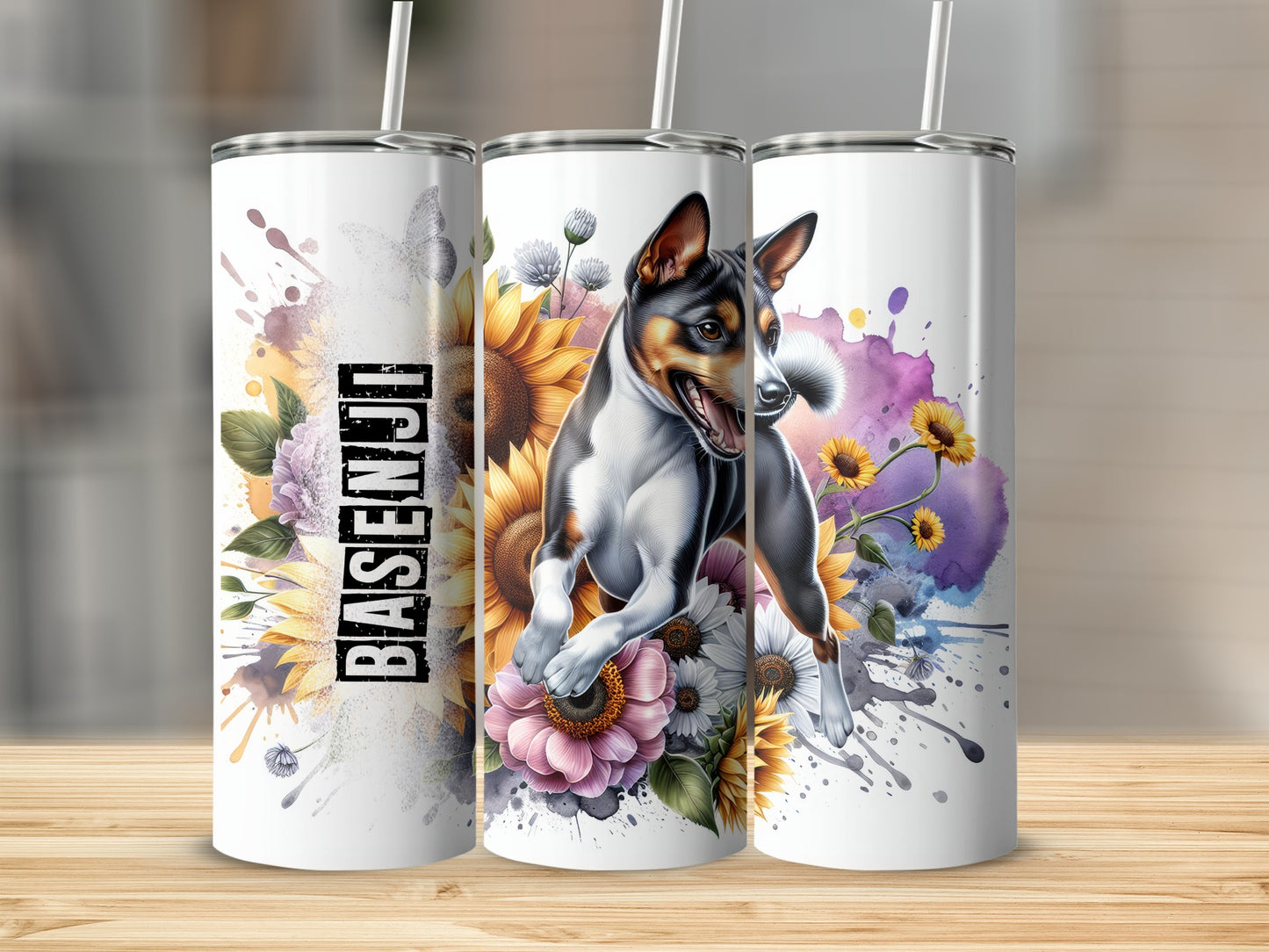 Basenji dog with sunflowers and floral watercolor accents on a tumbler.