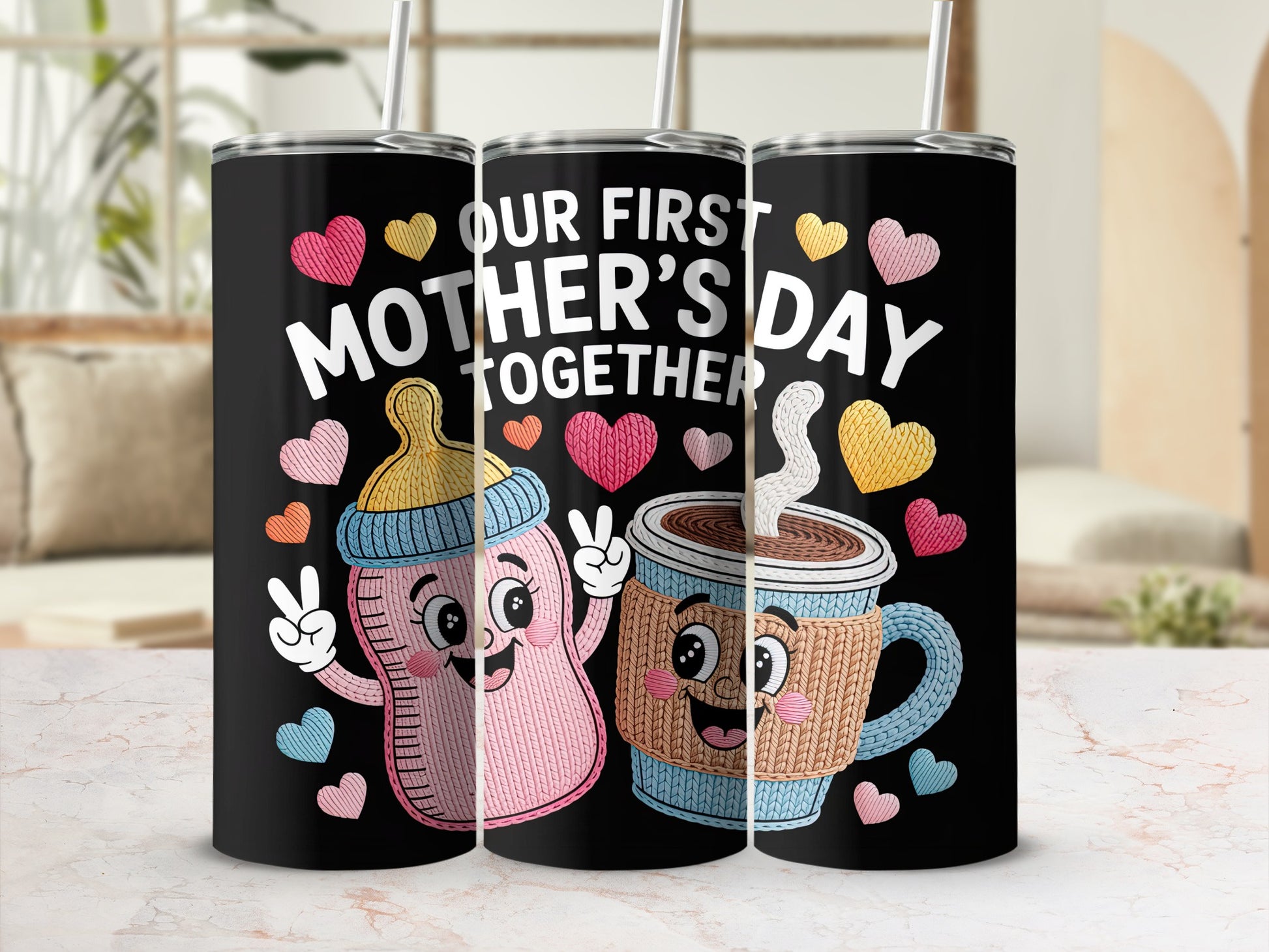 Baby bottle and coffee mug with "Our First Mother's Day Together" text.