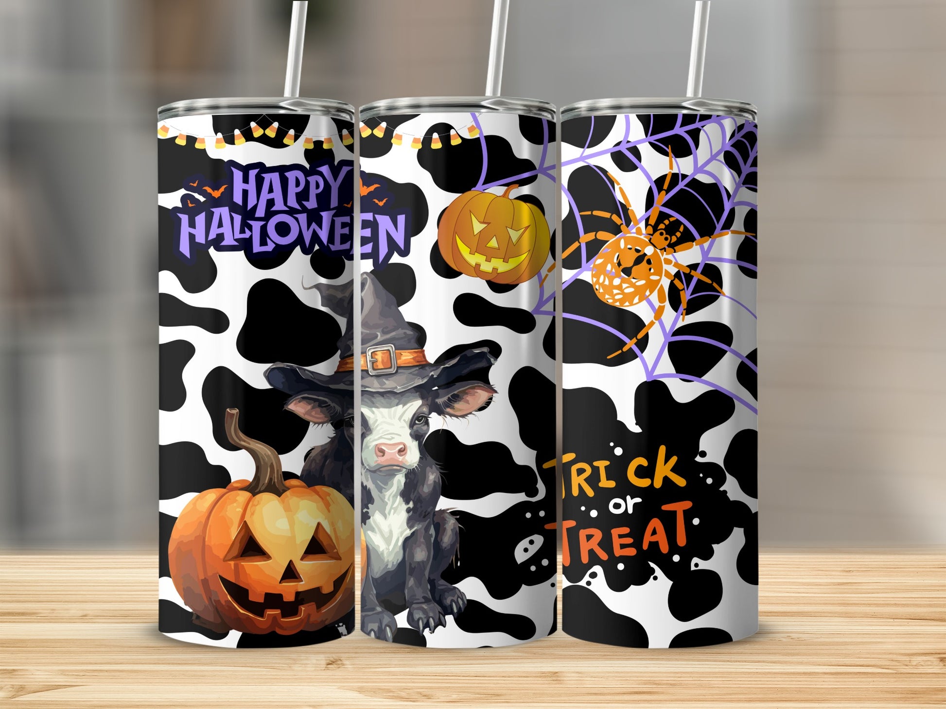Happy Halloween Trick or Treat Cow Print Tumbler