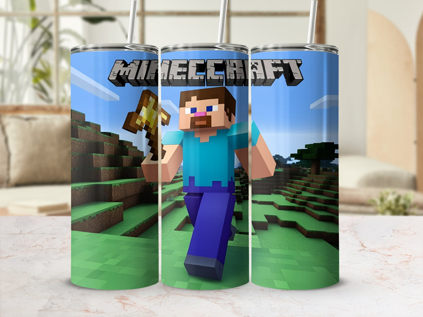 Minecraft Steve character on a blue tumbler with a straw.