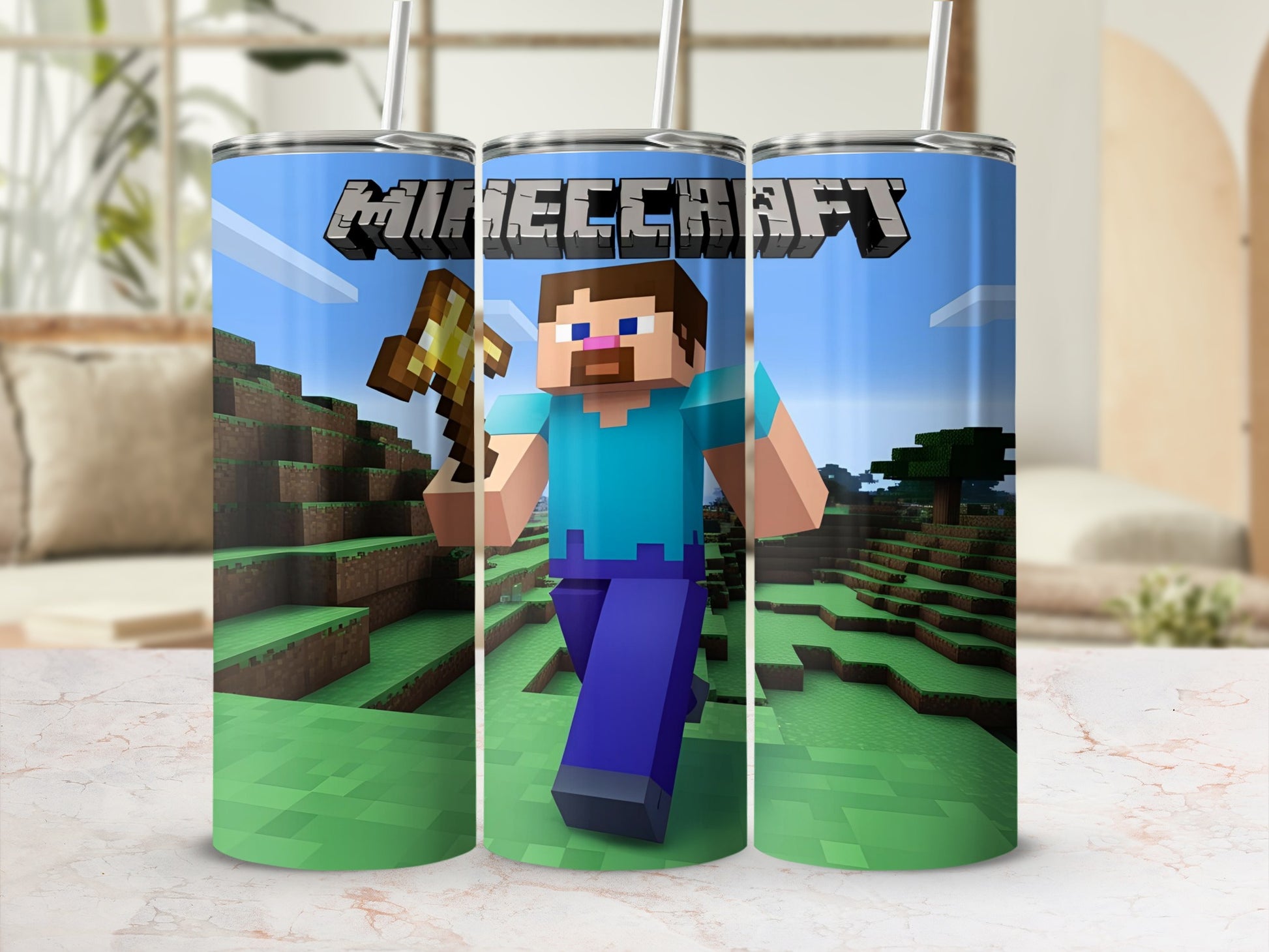Minecraft Steve character on a blue tumbler with a straw.